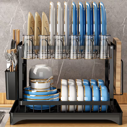 2-Tier Dish Drying Rack with Detachable Drainer & Utensil Holder f